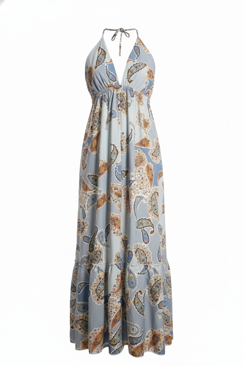 Vestido Largo Halter Azul con Estampado Elegante