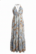 Vestido Largo Halter Azul con Estampado Elegante