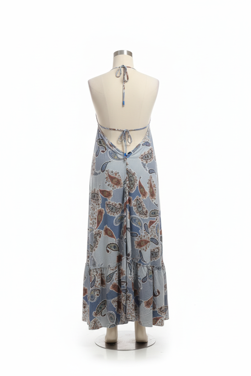 Vestido Largo Halter Azul con Estampado Elegante