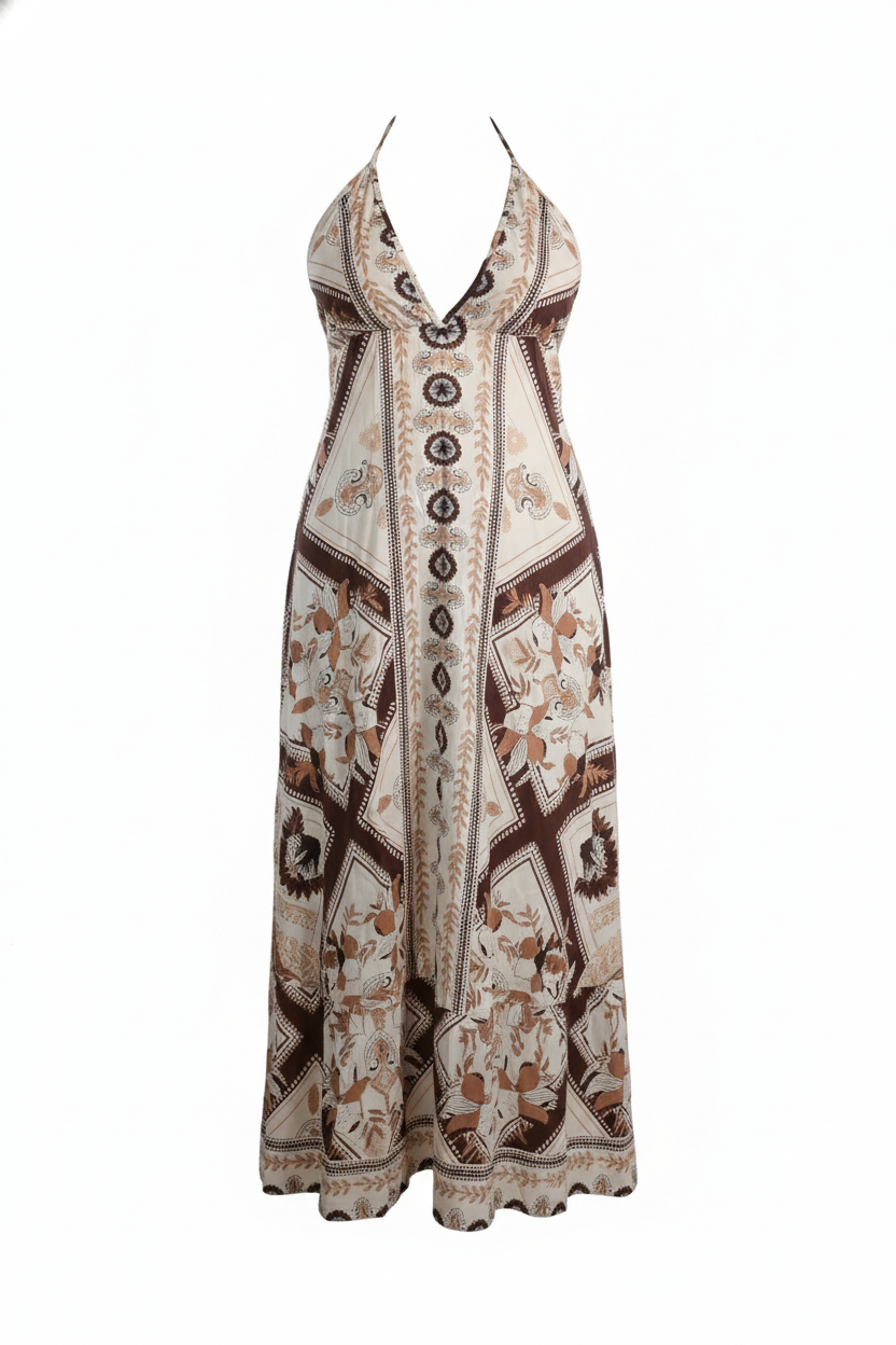 Vestido Halter Estampado Elegante con Espalda Descubierta