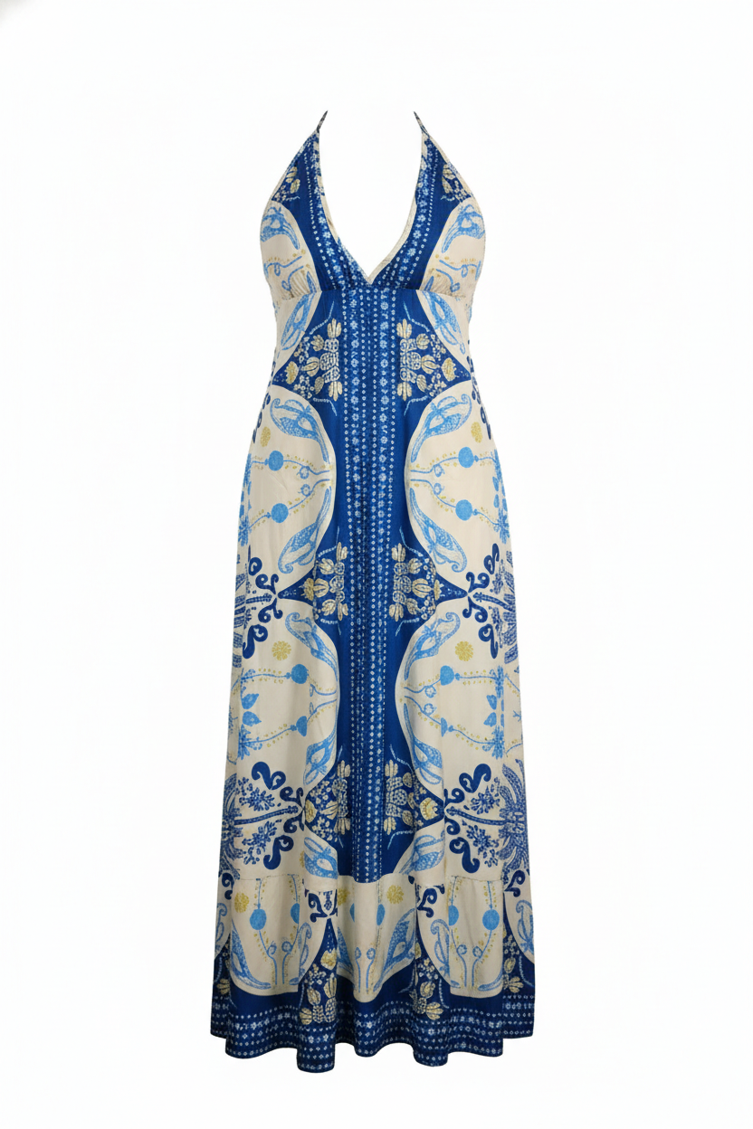 Vestido Halter Estampado Elegante con Espalda Descubierta