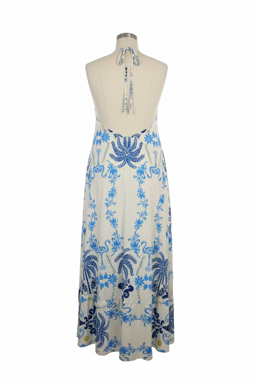 Vestido Halter Estampado Elegante con Espalda Descubierta