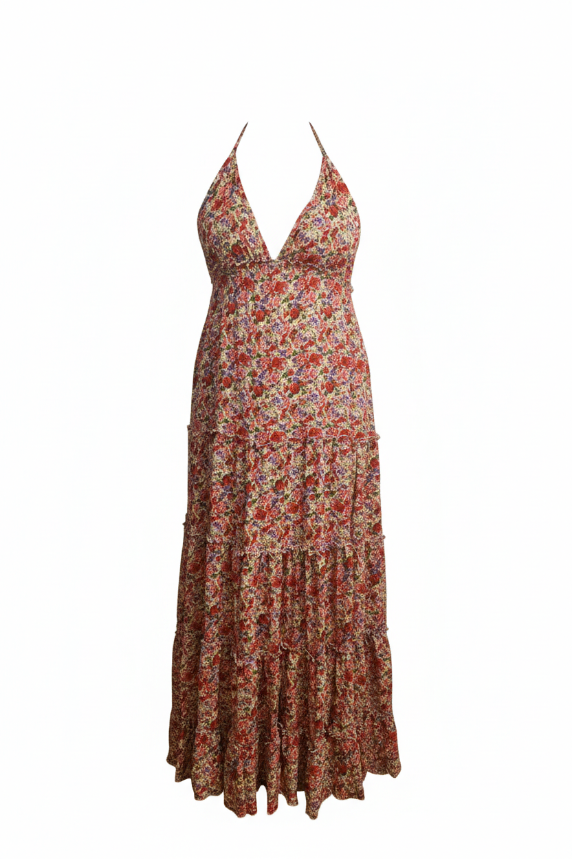 Vestido Maxi Floral Halter en Rayon - Vuelo Elegante con Espalda Descubierta