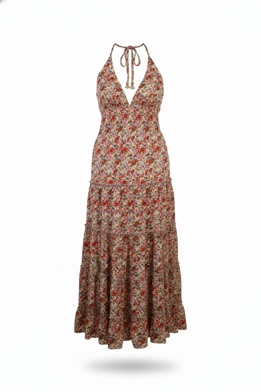 Vestido Maxi Floral Halter en Rayon - Vuelo Elegante con Espalda Descubierta
