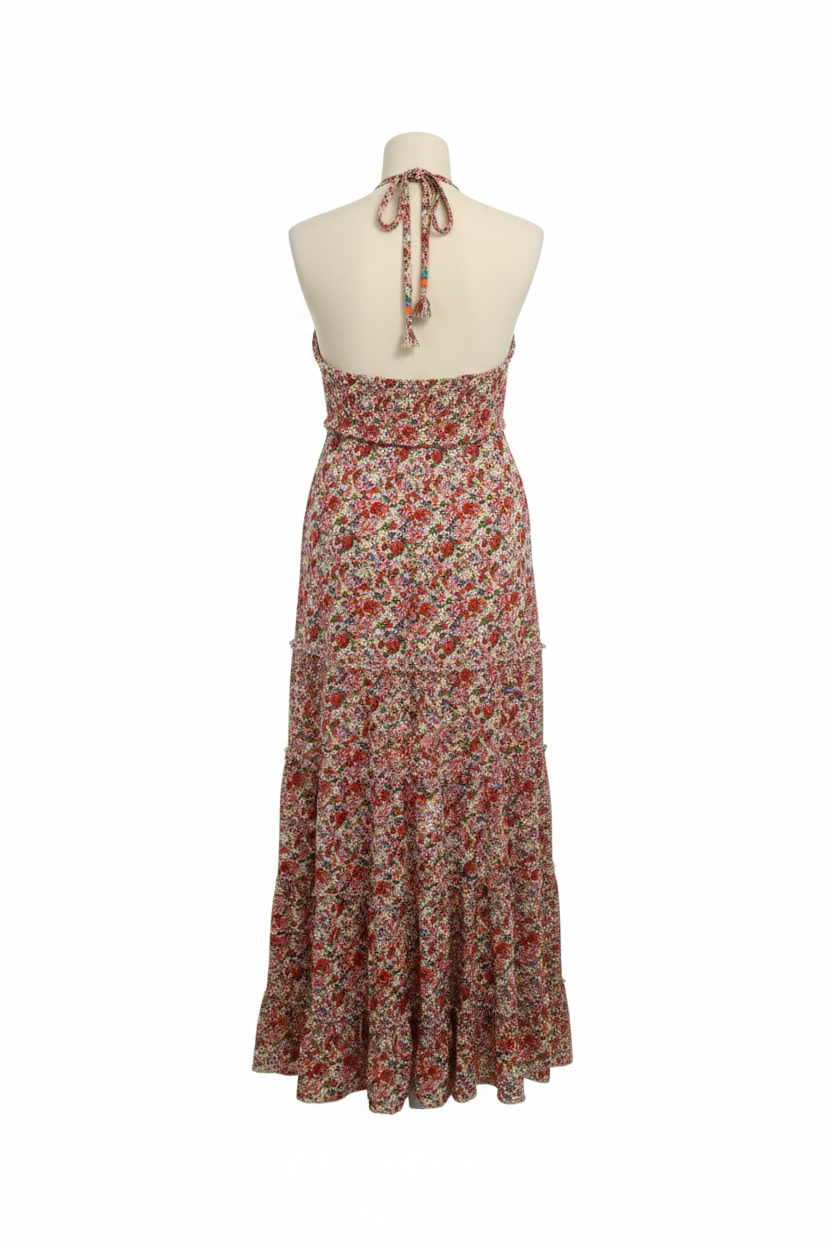 Vestido Maxi Floral Halter en Rayon - Vuelo Elegante con Espalda Descubierta