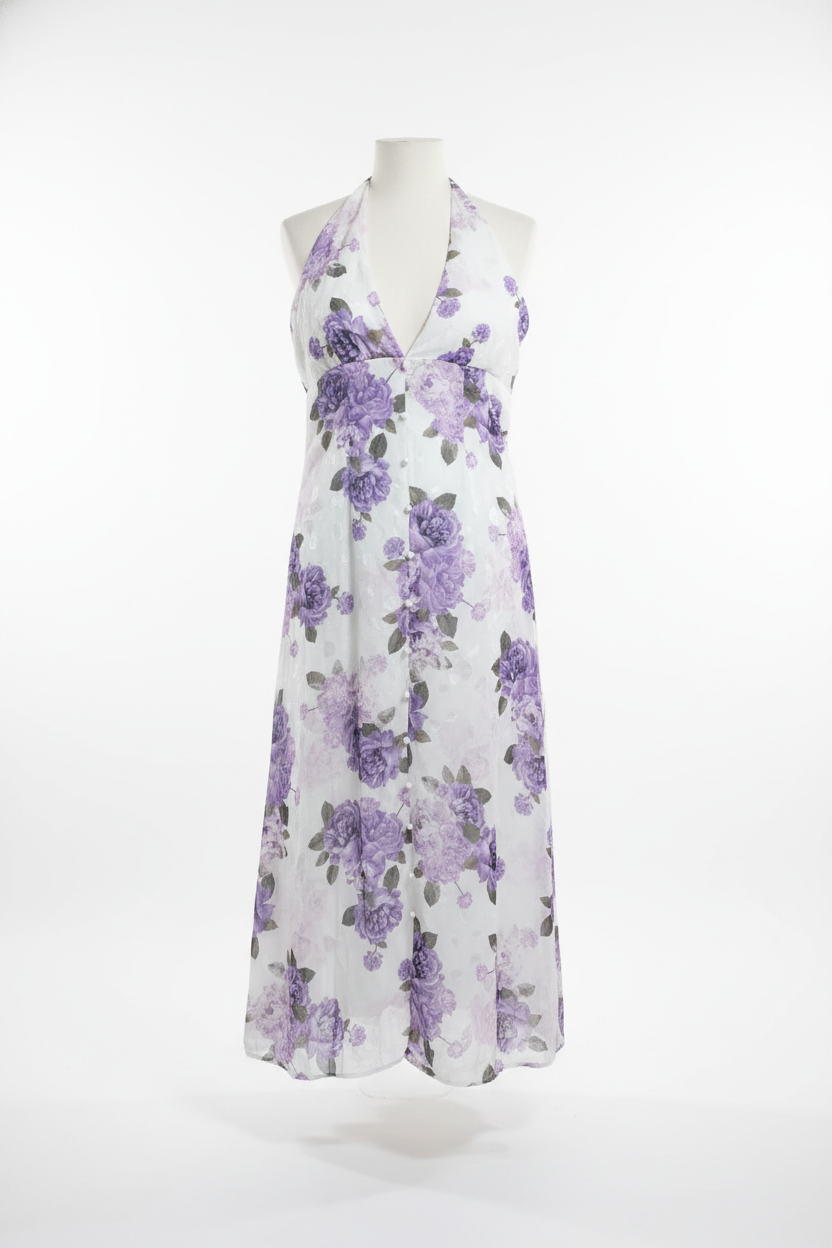 Vestido Largo Floral de Chiffon - Espalda Descubierta con Ajuste Elastico