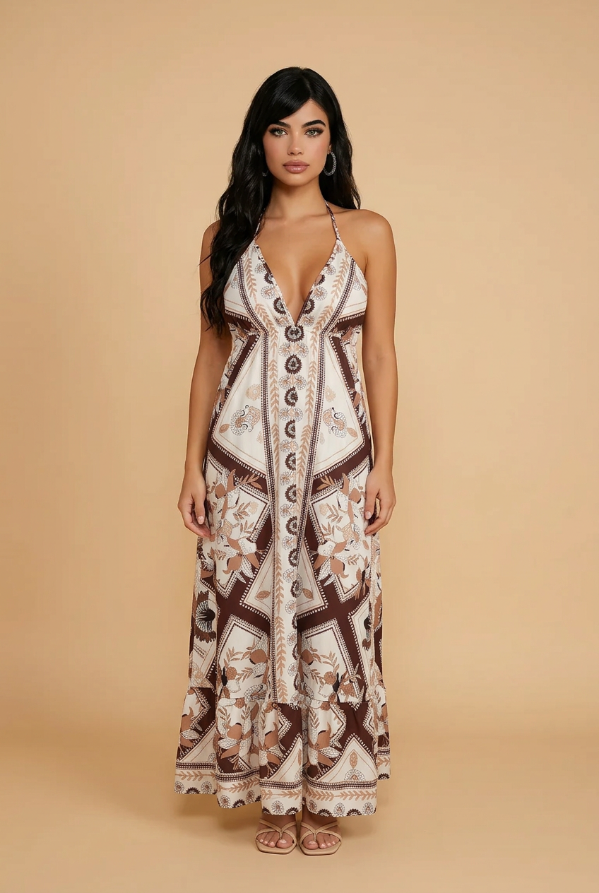 Vestido Halter Estampado Elegante con Espalda Descubierta