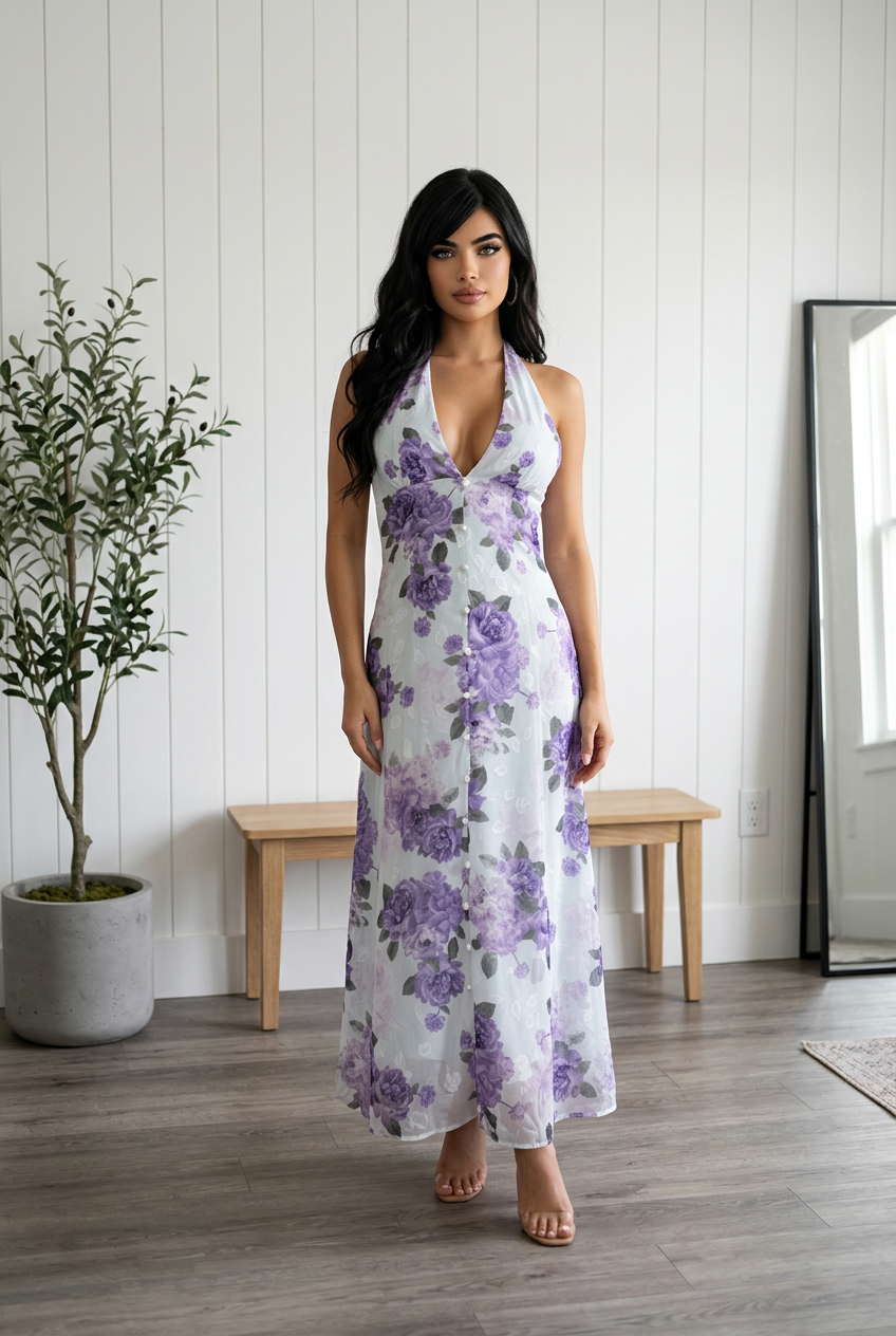 Vestido Largo Floral de Chiffon - Espalda Descubierta con Ajuste Elastico