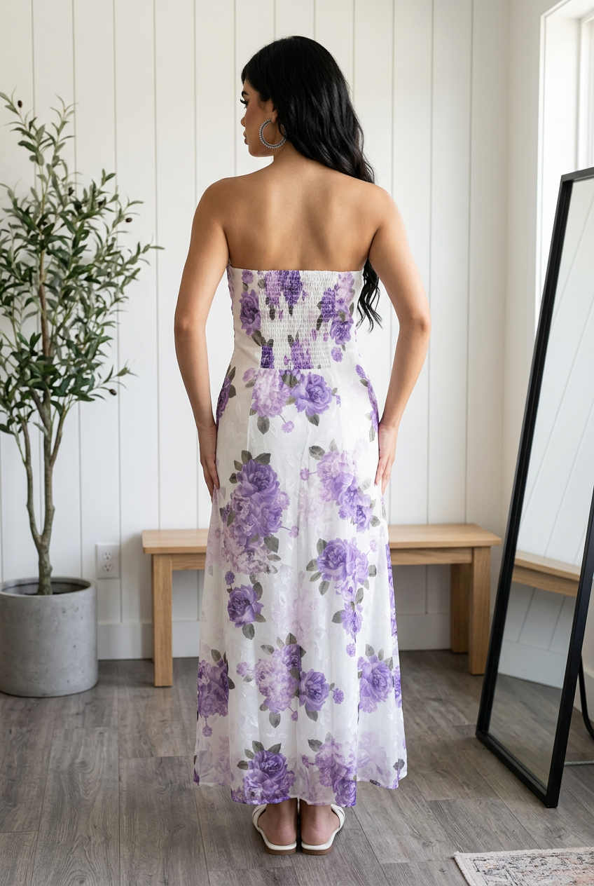 Vestido Largo Floral de Chiffon - Espalda Descubierta con Ajuste Elastico