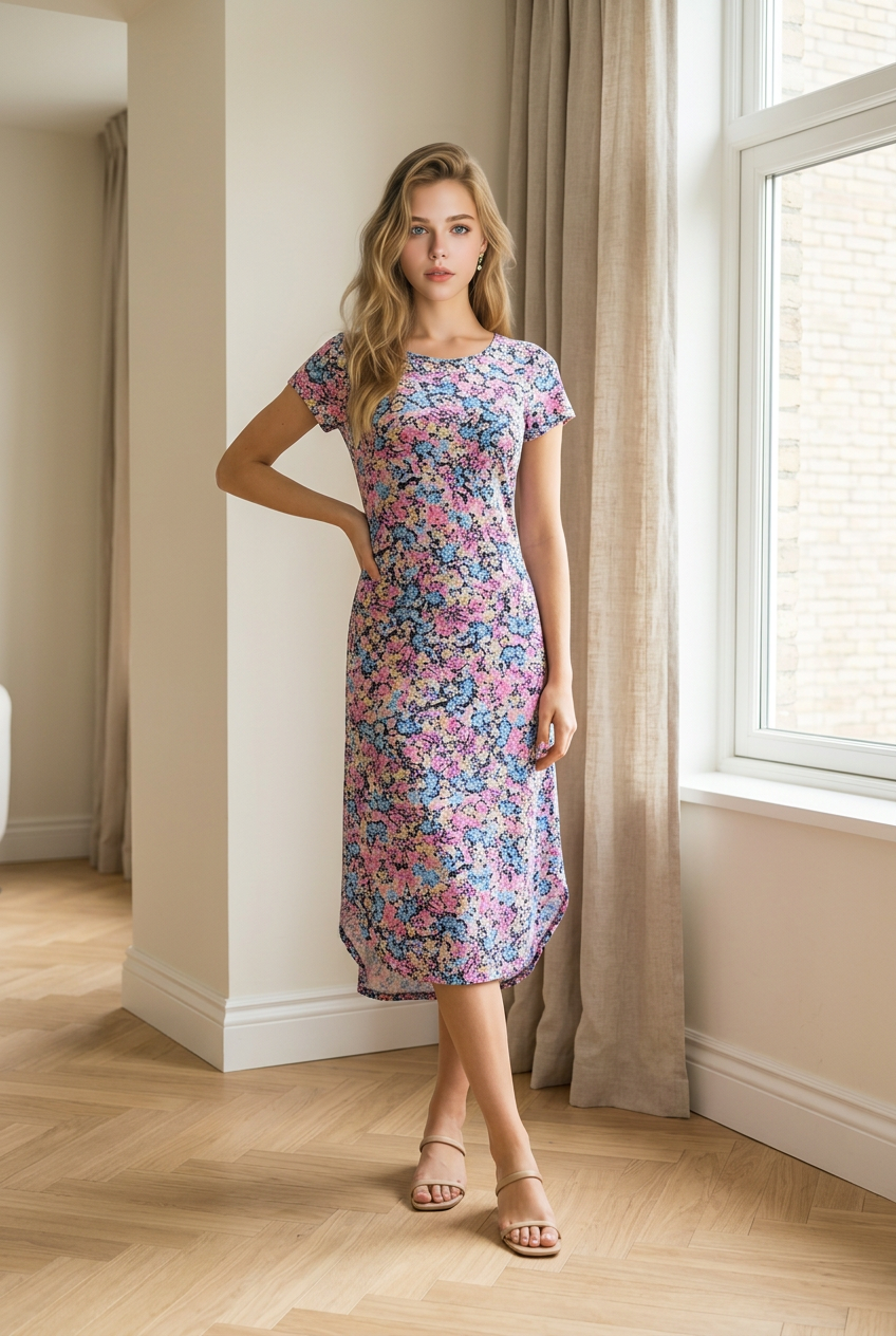 Vestido Floral Semi Largo de Rayon Elastizado - Corte Ovalado
