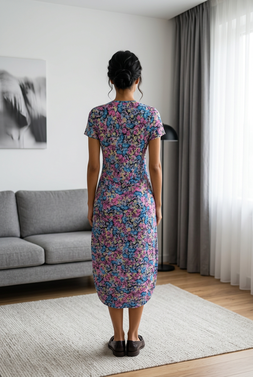 Vestido Floral Semi Largo de Rayon Elastizado - Corte Ovalado