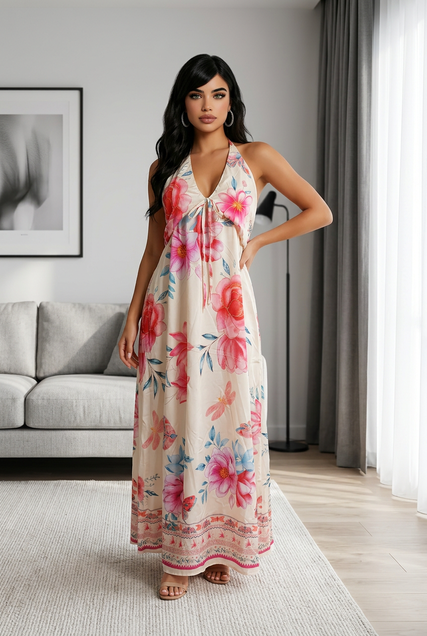 Vestido Largo Floral con Cuello Halter y Espalda Descubierta