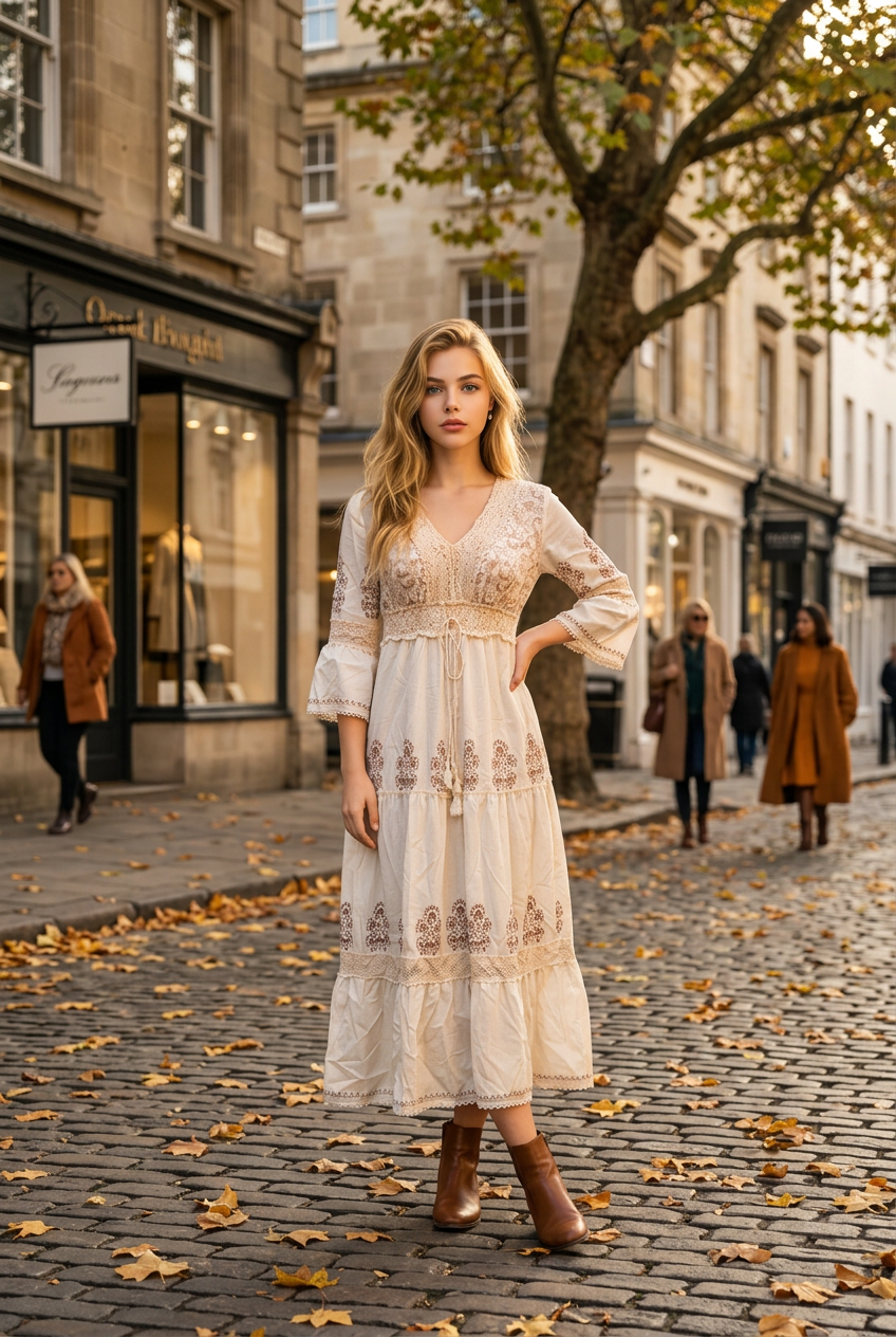 Vestido Largo Bohemio de Poliester con Encaje Crochet y Detalles Pintados
