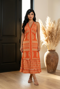 Vestido Largo Naranja de Poliester con Espalda Descubierta