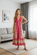 Vestido Largo de Poliester con Espalda Descubierta y Diseño Estampado