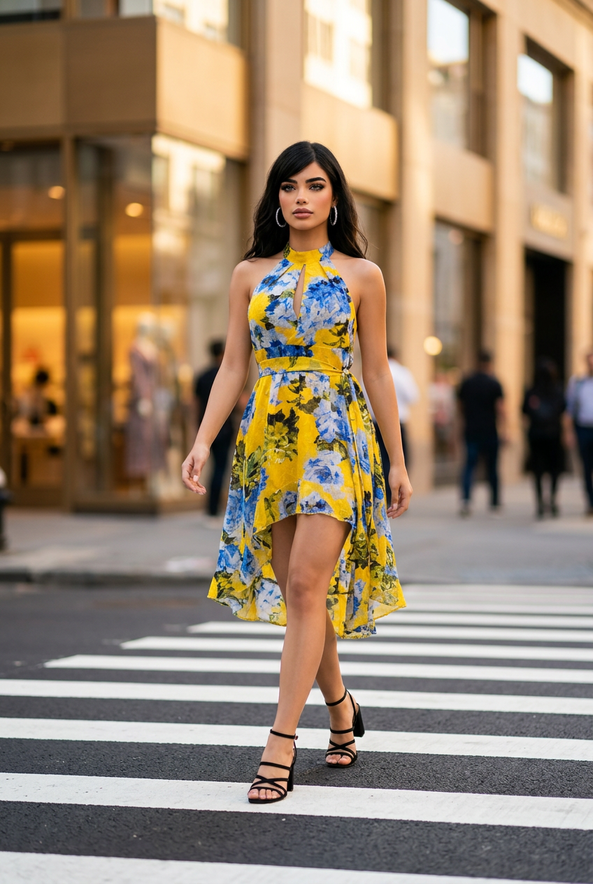 Vestido Chiffon Asimetrico Estampado Elegante para Mujer