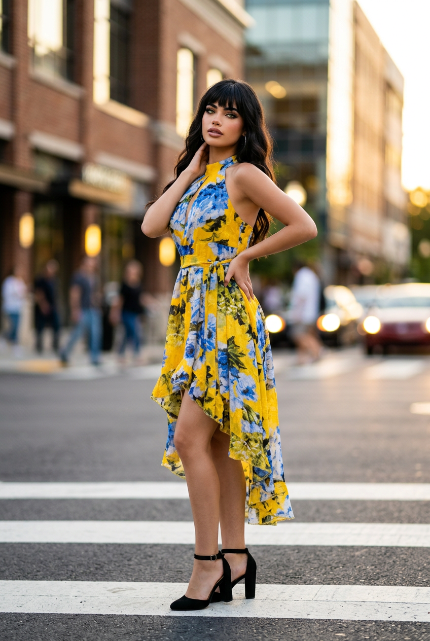 Vestido Chiffon Asimetrico Estampado Elegante para Mujer