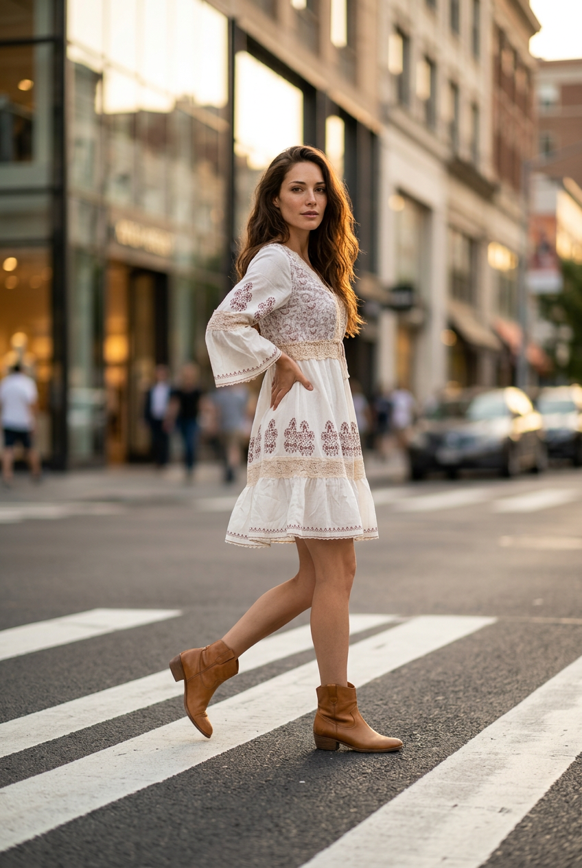 Vestido Corto Bohemio de Poliester con Mangas y Encaje Crochet