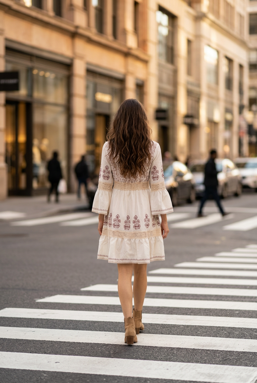 Vestido Corto Bohemio de Poliester con Mangas y Encaje Crochet