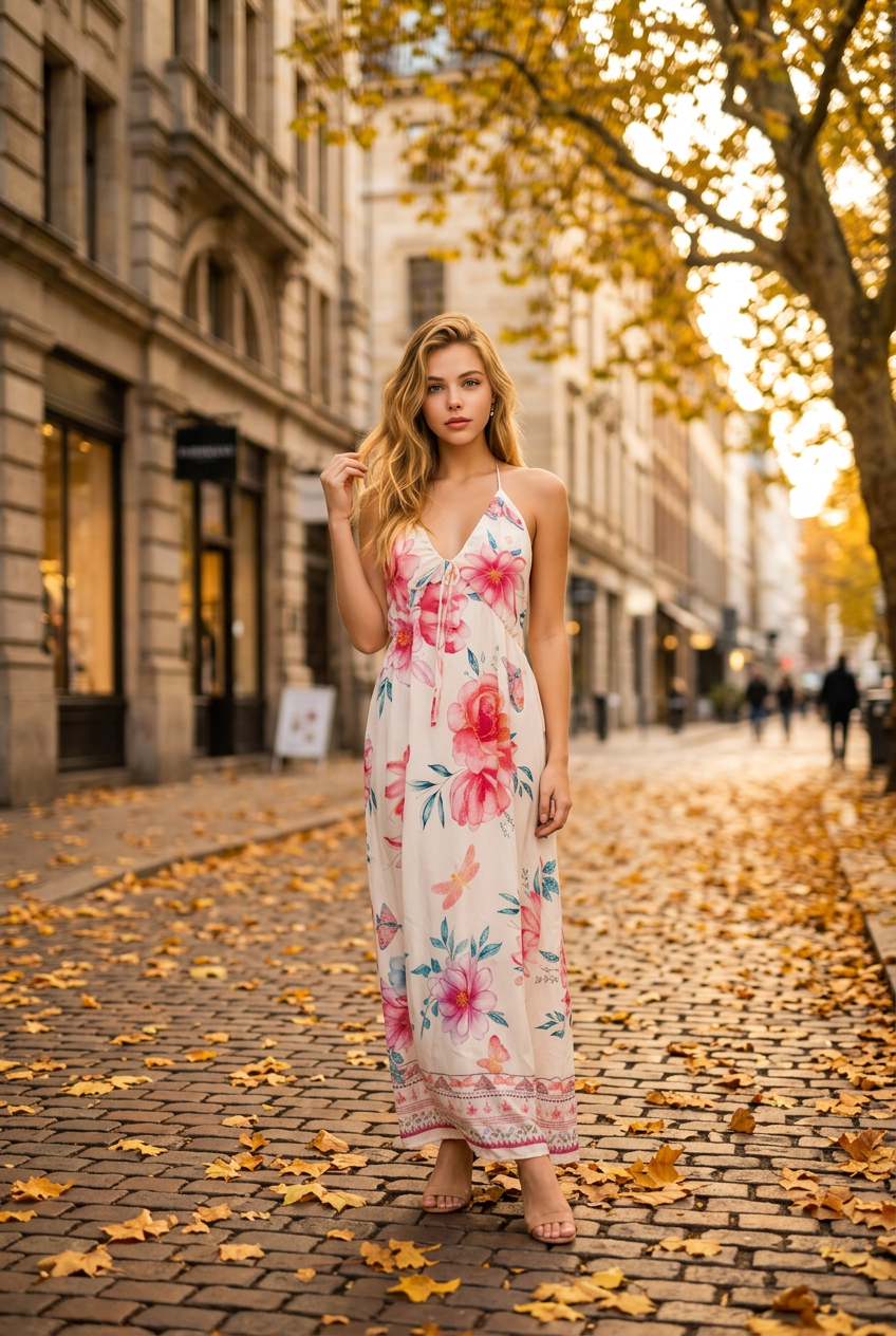 Vestido Largo Floral con Cuello Halter y Espalda Descubierta