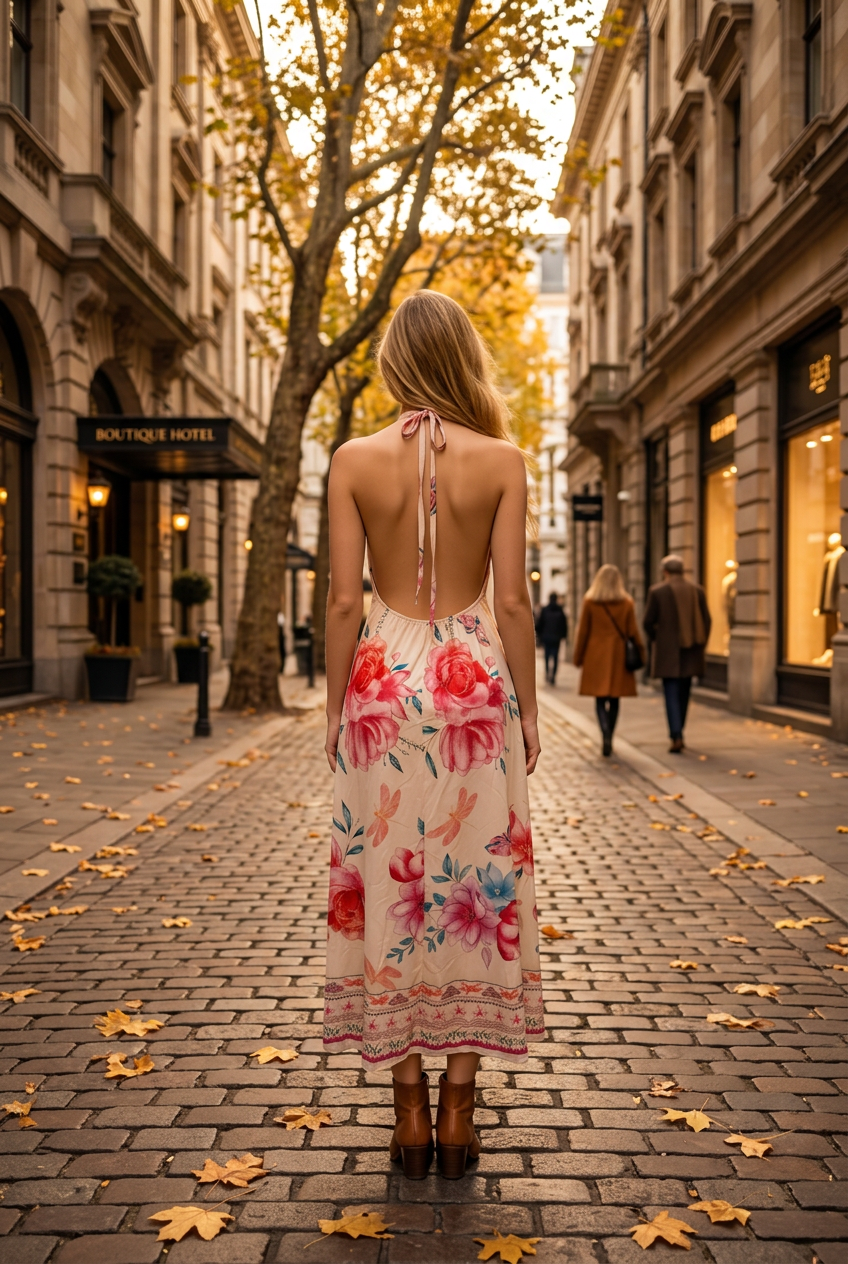 Vestido Largo Floral con Cuello Halter y Espalda Descubierta