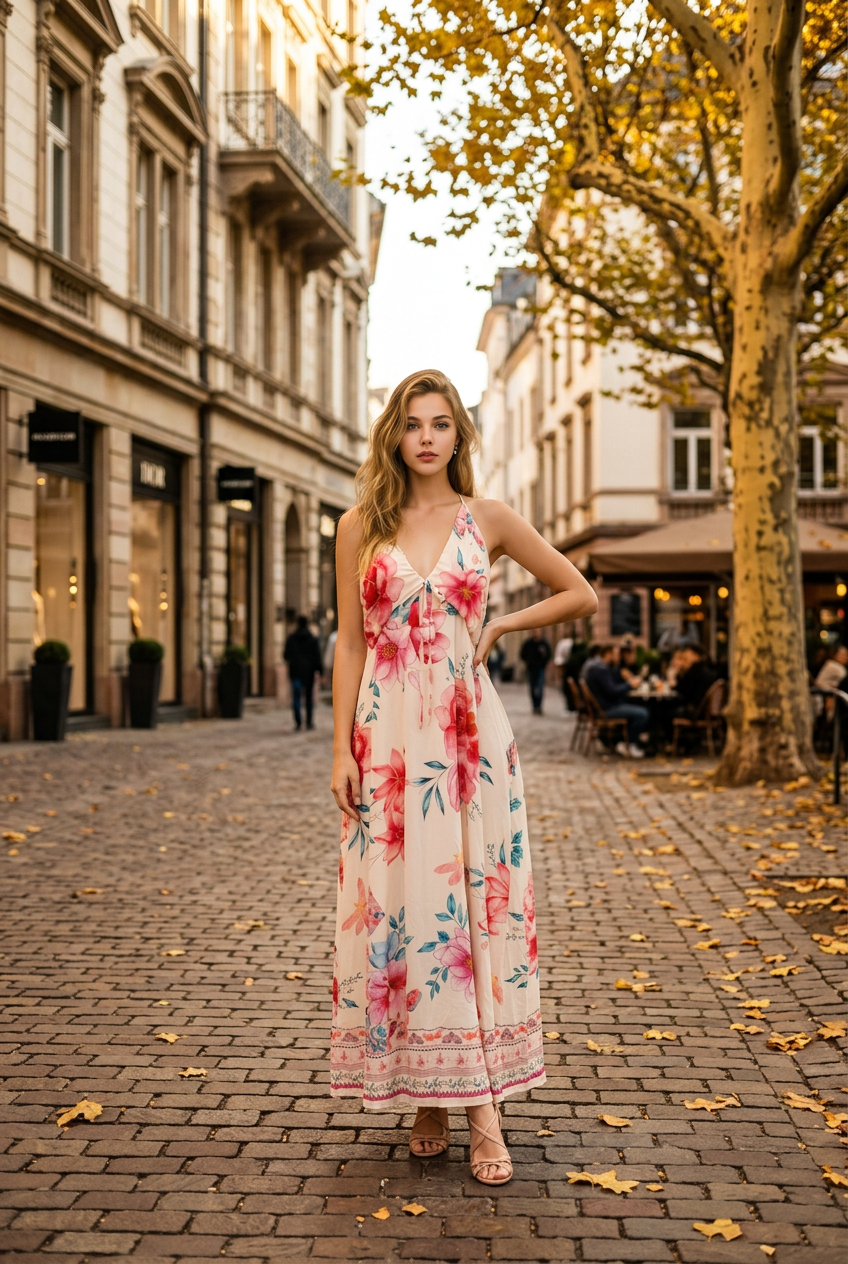 Vestido Largo Floral con Cuello Halter y Espalda Descubierta