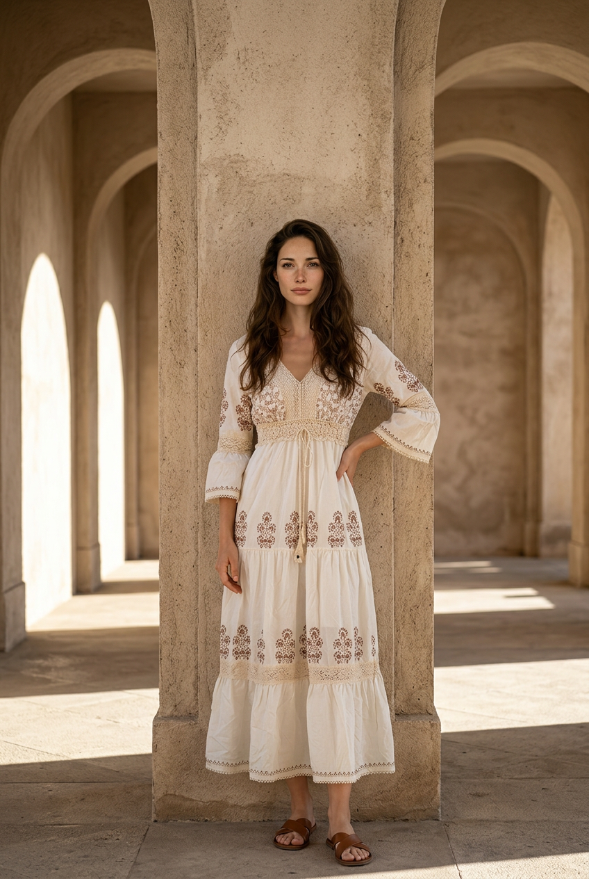 Vestido Largo Bohemio de Poliester con Encaje Crochet y Detalles Pintados