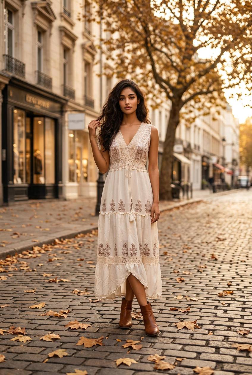Vestido Largo Bohemio sin Mangas de Poliester con Encaje Crochet