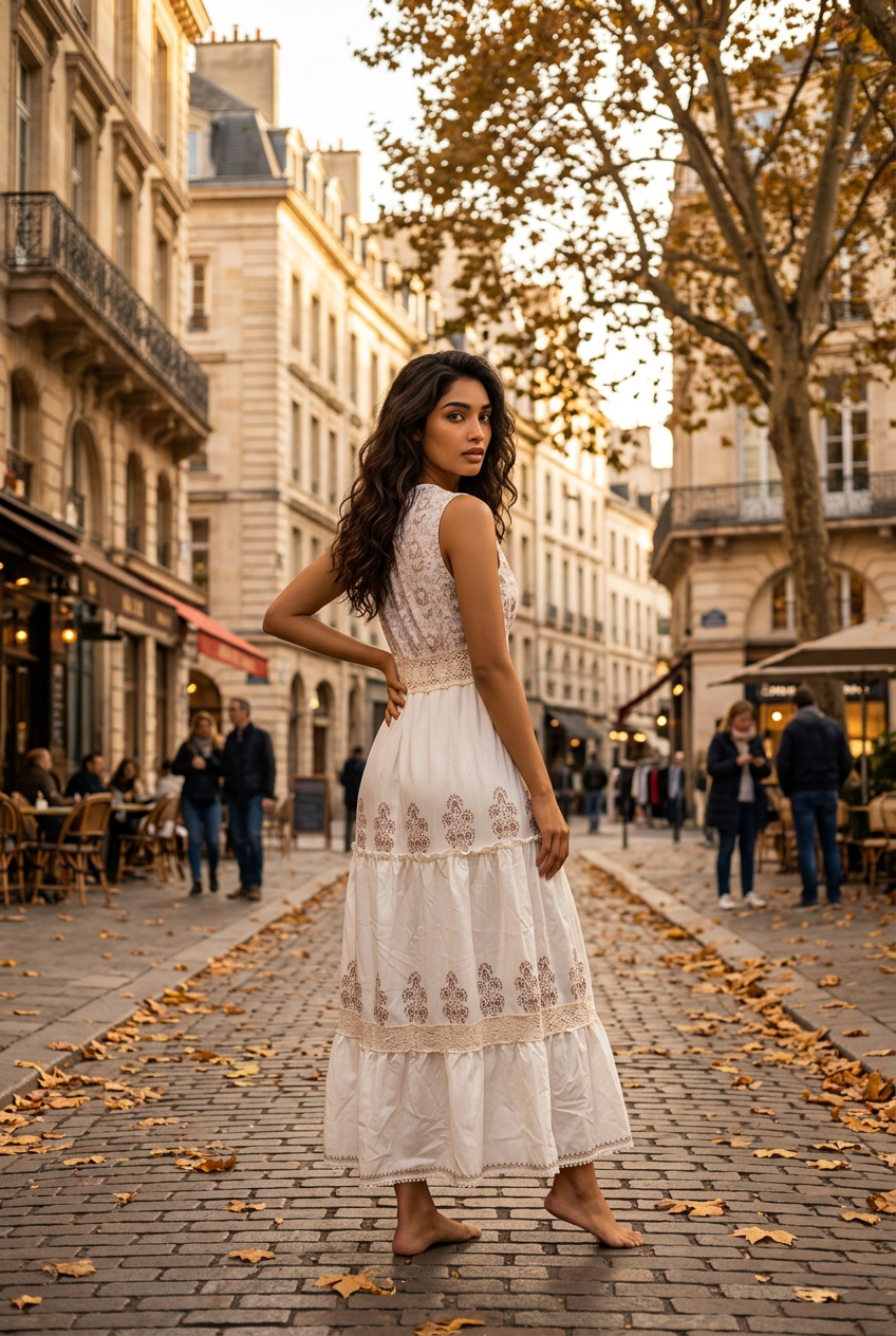 Vestido Largo Bohemio sin Mangas de Poliester con Encaje Crochet