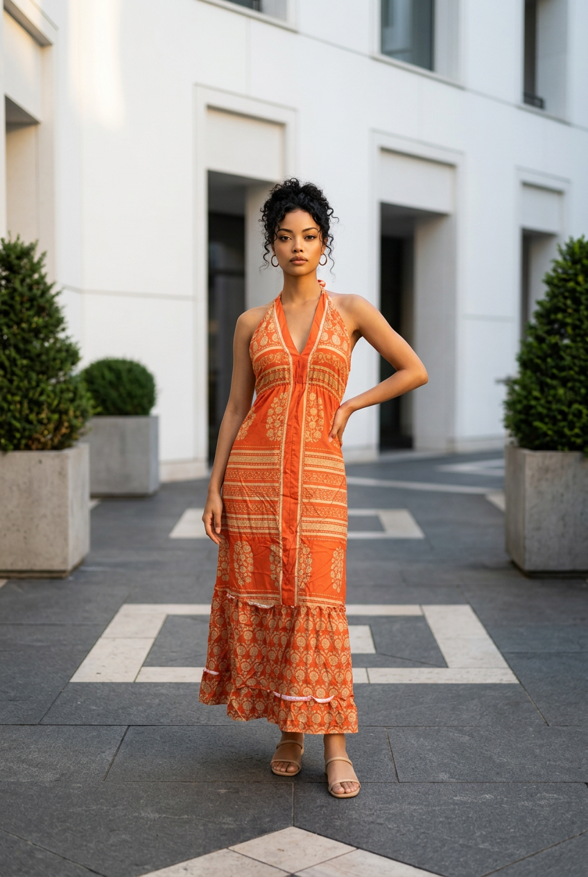 Vestido Largo Naranja de Poliester con Espalda Descubierta