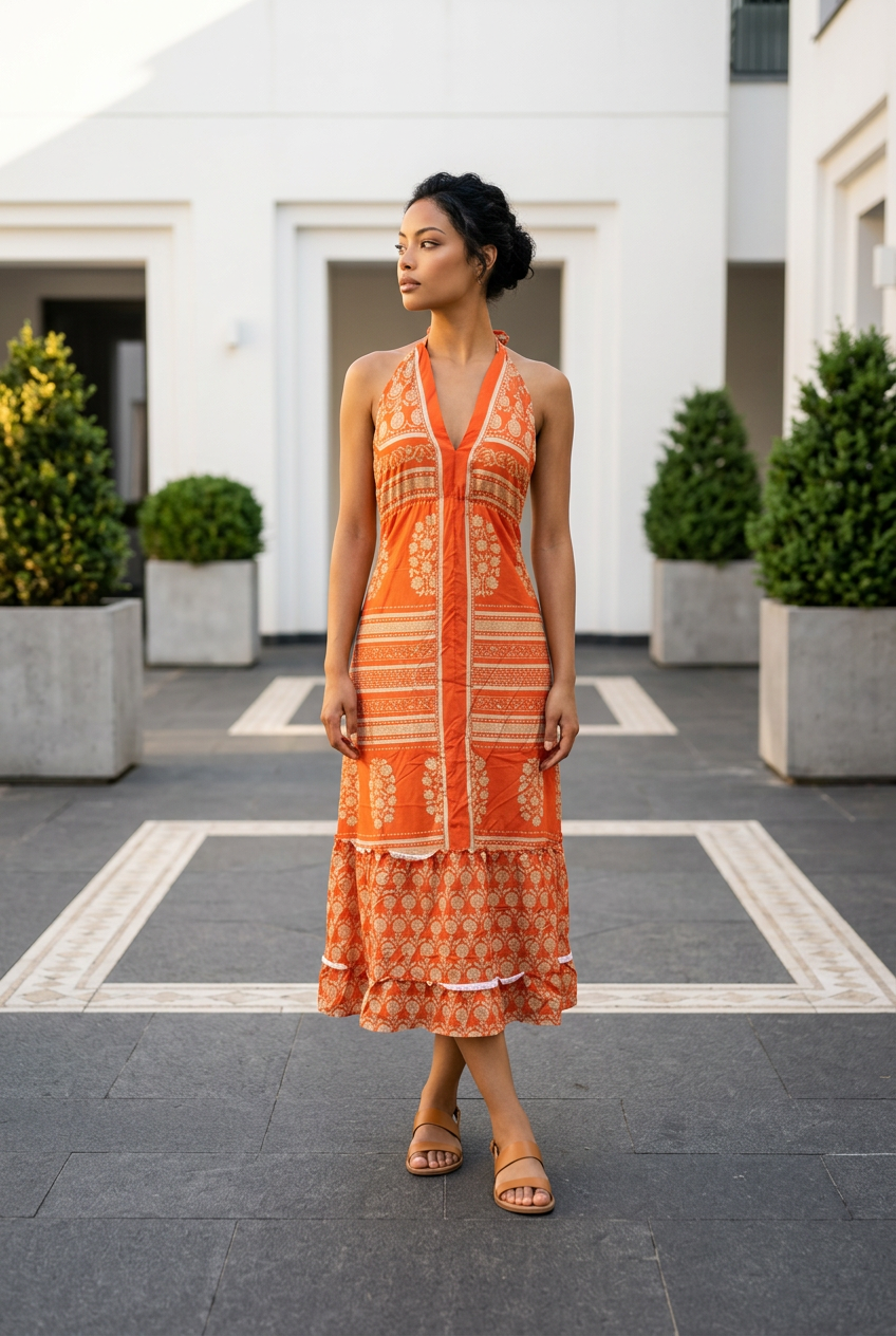 Vestido Largo Naranja de Poliester con Espalda Descubierta