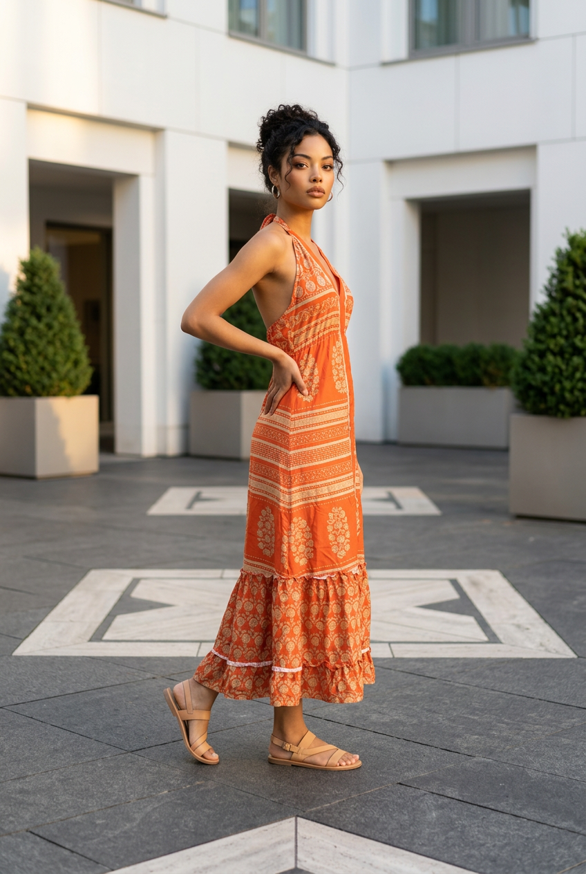 Vestido Largo Naranja de Poliester con Espalda Descubierta