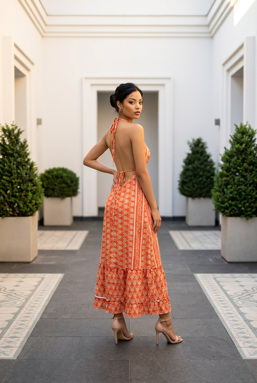 Vestido Largo Naranja de Poliester con Espalda Descubierta