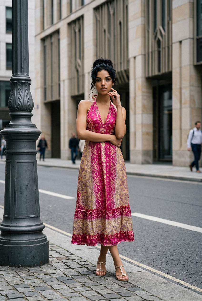 Vestido Largo de Poliester con Espalda Descubierta y Diseño Estampado