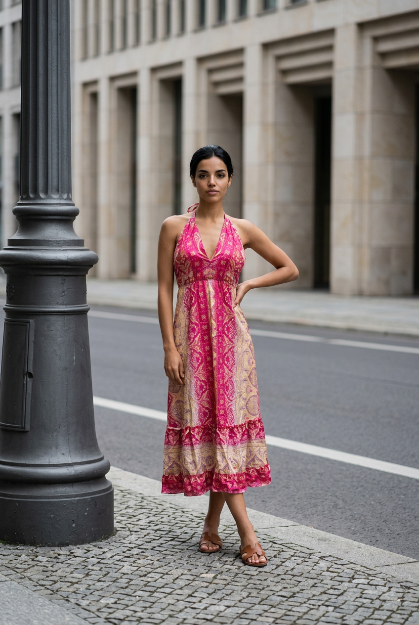 Vestido Largo de Poliester con Espalda Descubierta y Diseño Estampado
