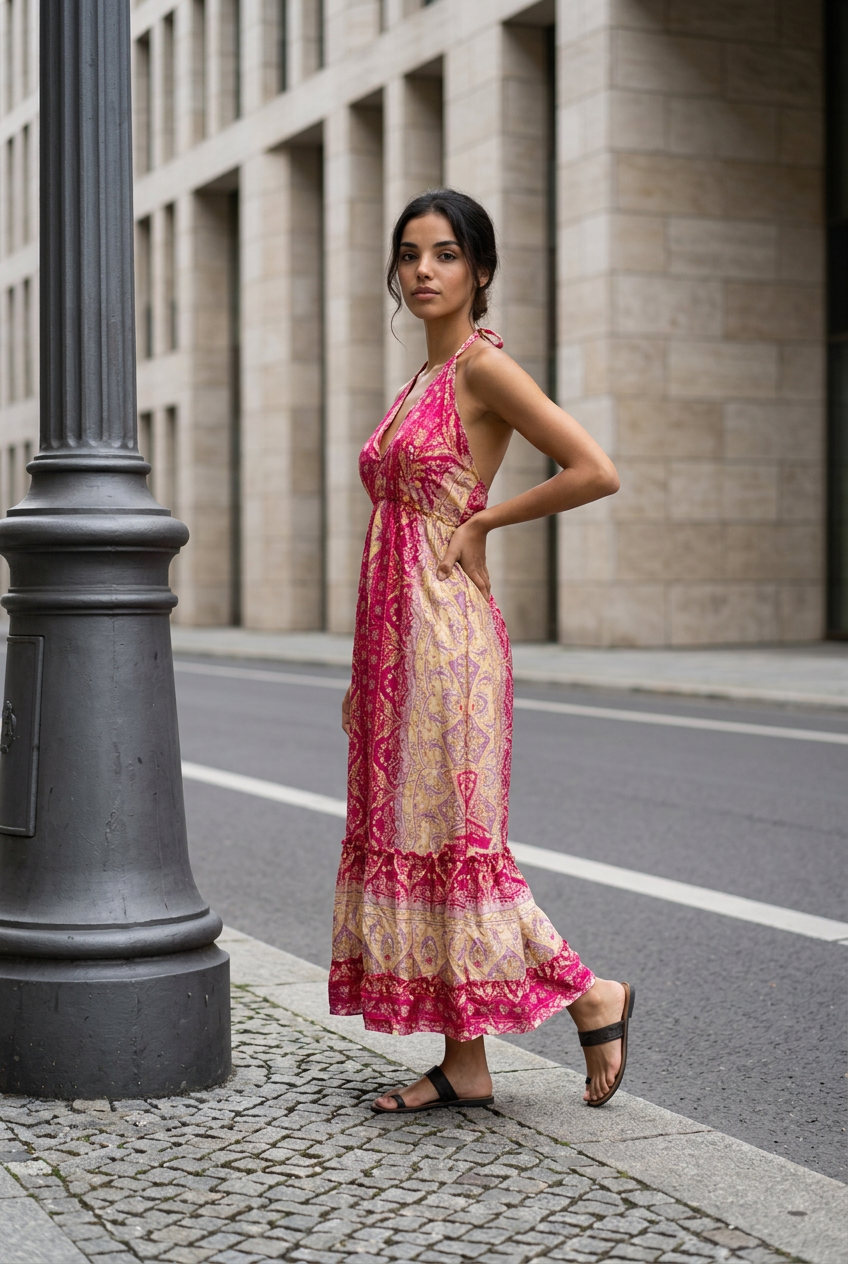 Vestido Largo de Poliester con Espalda Descubierta y Diseño Estampado