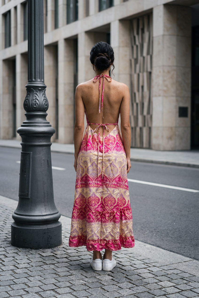 Vestido Largo de Poliester con Espalda Descubierta y Diseño Estampado