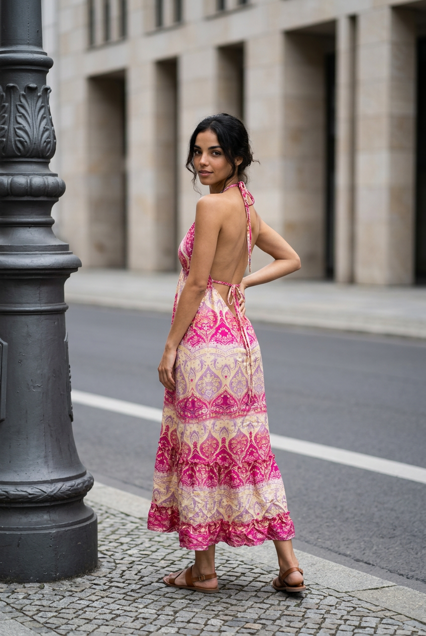 Vestido Largo de Poliester con Espalda Descubierta y Diseño Estampado