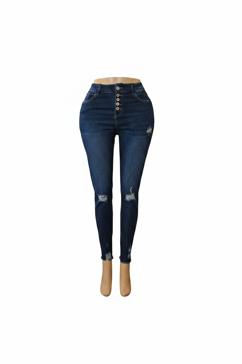 Jeans Skinny de Tiro Alto con Botones - Ajuste Perfecto