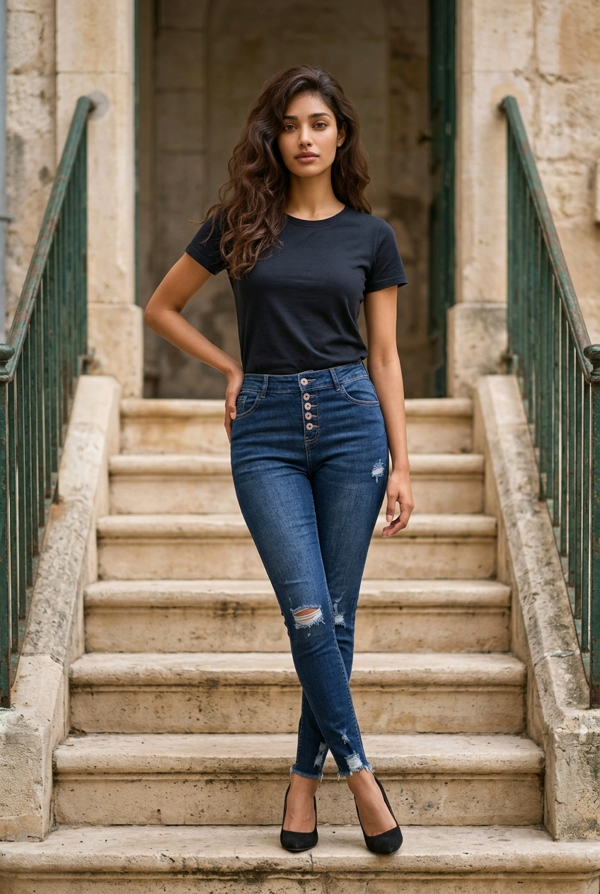 Jeans Skinny de Tiro Alto con Botones - Ajuste Perfecto