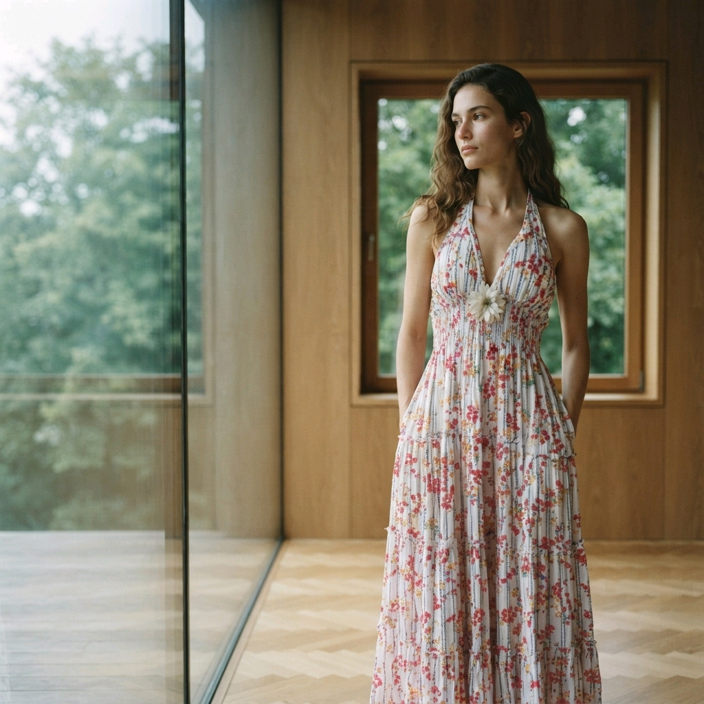 Vestido Largo Floral de Bambula con Flores en Resina