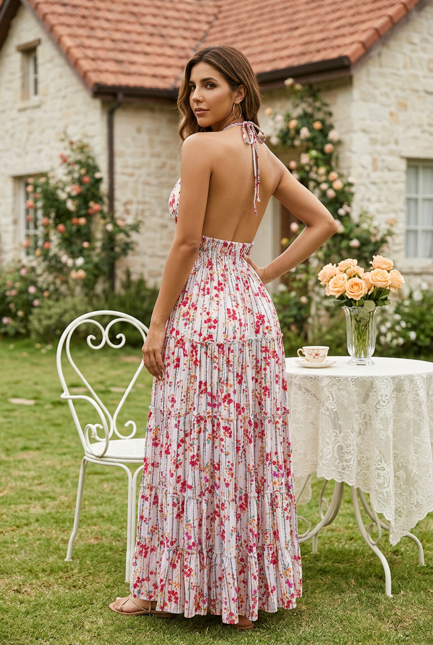 Vestido Largo Floral de Bambula con Flores en Resina