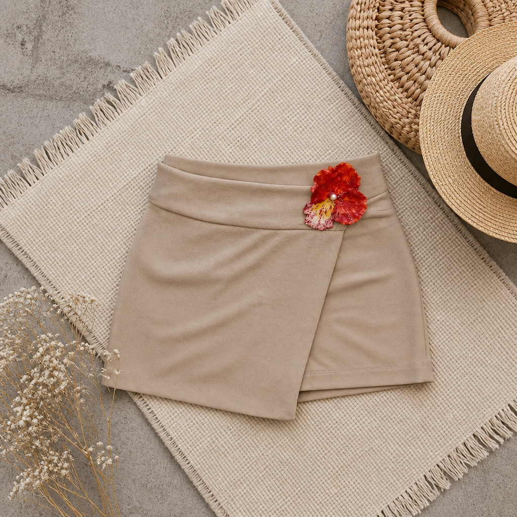 Saya-Short Cruzada de Crepe Elastizado con Broche Floral en Resina Beige