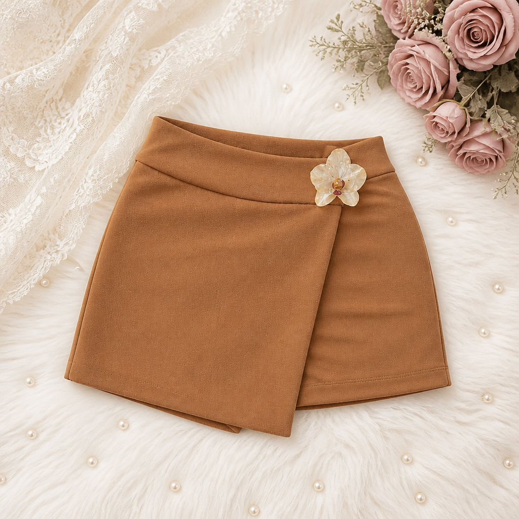 Saya-Short Cruzada de Crepe Elastizado con Broche Floral en Resina Carmelita